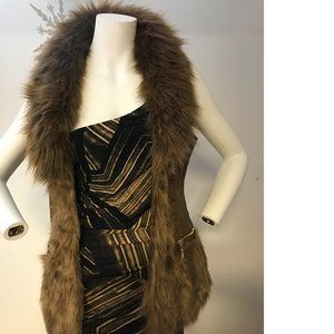 STA Coalition faux fur vegan leather brown vest sleeveless jacket gold zipper